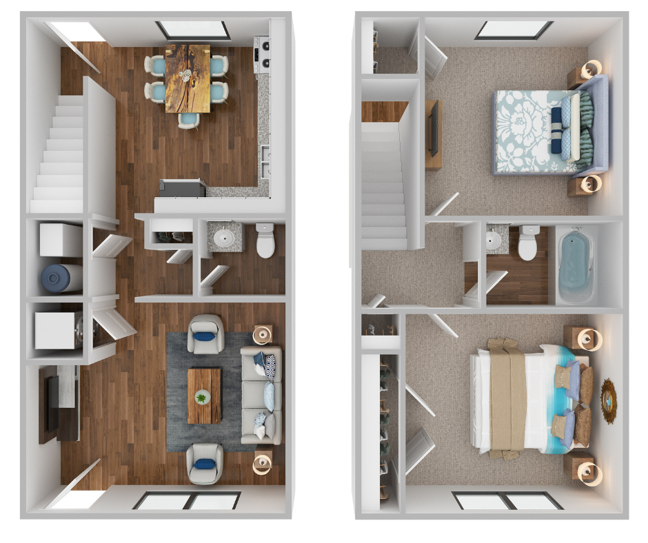 Floor plan for 2 beds, 1.5 baths, 935 sqft